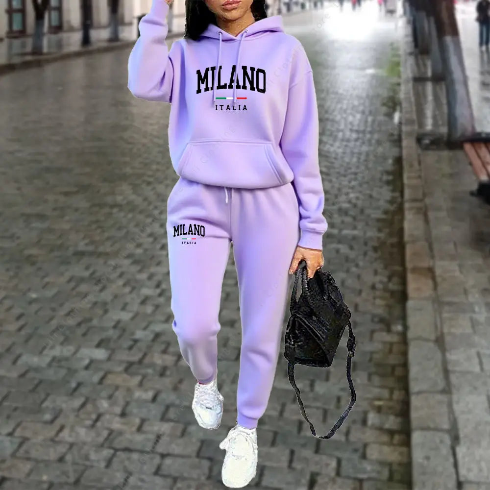 Autumn Winter Women's Sets 2pcs Hoodies Pants Suit Sports Outfits 2025 MILANO Letter Print Aesthetic Clothes Ladies Tracksuit Good Vibrations