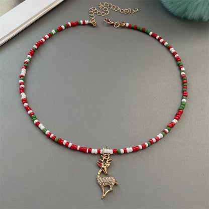 Christmas Necklaces for Women Girls Handmade Rice Beads X'mas Tree Santa Claus Snowman Gift Necklace Pendant New Year Jewelry Good Vibrations