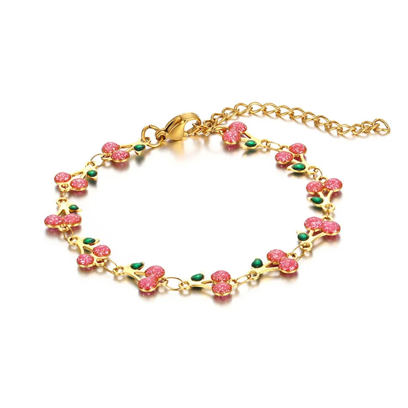 Charm Cherry Bracelet For Women Retro Bohemian Stainless Steel Bracelet For Girls Party Holiday Fashion Jewelry Gift Good Vibrations