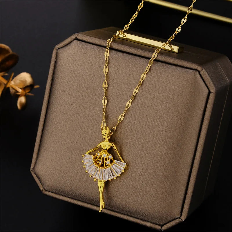Crystal Charm Color Zircon Choker Dancing Girl Ballerina Dancer Pendant Necklace Jewelry Gift for Ballet Girls Women Good Vibrations
