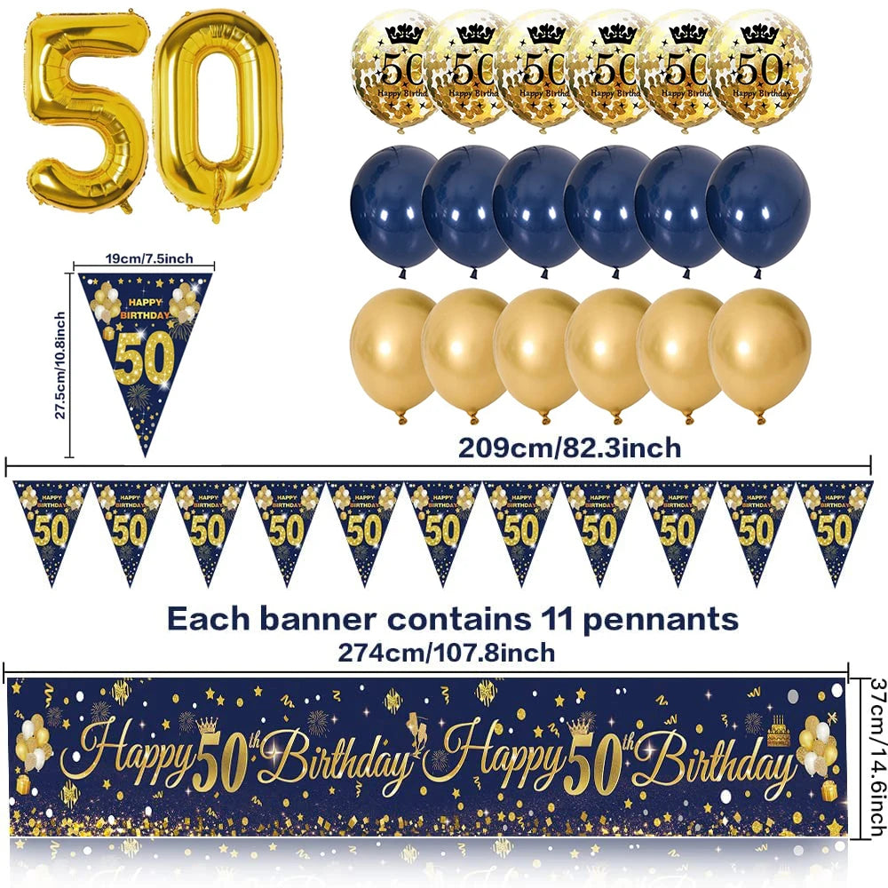 30th/40th/50th/60th/70th Birthday Decorations Men Women Birthday Balloon Garland Kit Happy Birthday Banner Blue Gold Balloon Good Vibrations