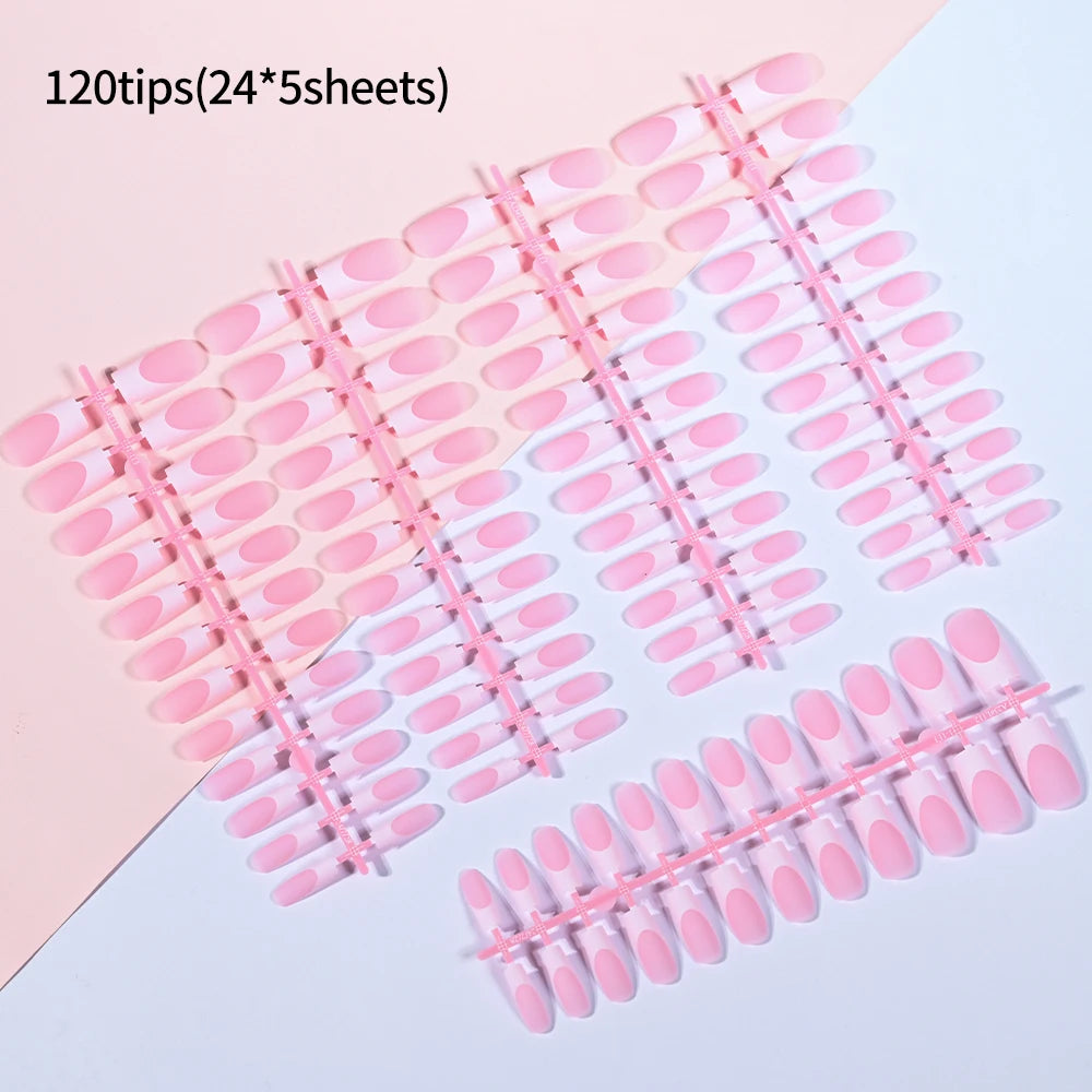 120pcs Pink French Tip Press-On Nails Medium Length Square Shape With Glossy Finish False Nails Full Cover Pre-Shaped Fake Nails Good Vibrations