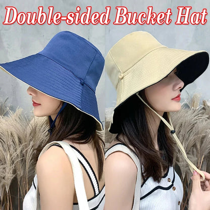 Summer Women Double-sided Bucket Hats Fashion Big Brim Foldable Solid Sun Hat Outdoor Beach Visor Caps Fisherman Cap for Travel Good Vibrations