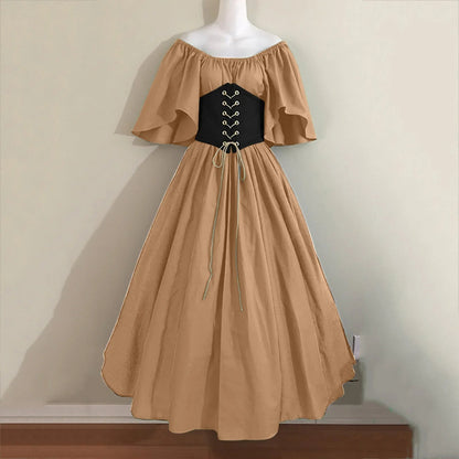 Halloween Costumes for Women Medieval Retro Contrasting Color Slim Swing Dress One-word Shoulder Dress Love Live Cosplay Good Vibrations