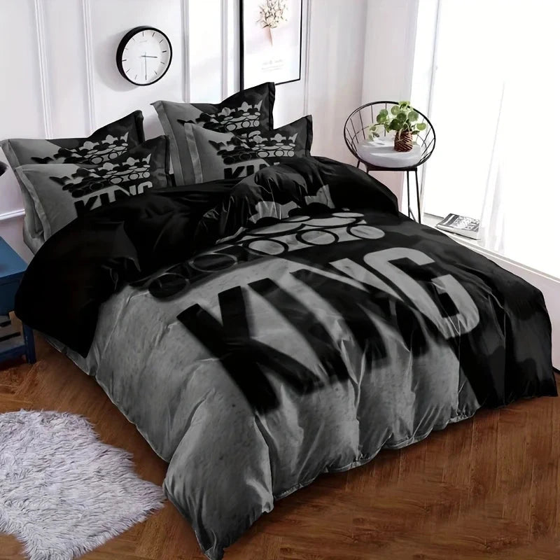 Grey and Black King Size Bed Pattern Down Duvet Cover Set, Soft and Comfortable Bedroom and Dormitory Decoration Bedding Set Good Vibrations