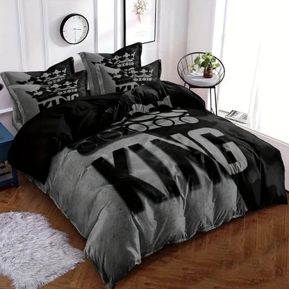 Grey and Black King Size Bed Pattern Down Duvet Cover Set, Soft and Comfortable Bedroom and Dormitory Decoration Bedding Set Good Vibrations