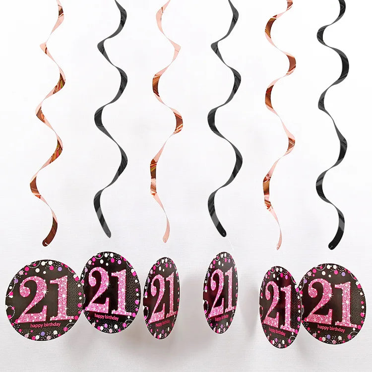 6pcs PVC 18 21 30 40 50 Years Old Spiral Happy Birthday Swirl Hanging Ornaments Party Background Layout Decor Supplies Good Vibrations