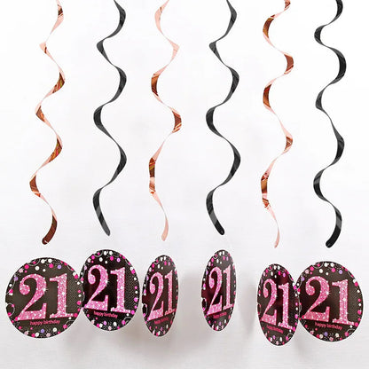 6pcs PVC 18 21 30 40 50 Years Old Spiral Happy Birthday Swirl Hanging Ornaments Party Background Layout Decor Supplies Good Vibrations