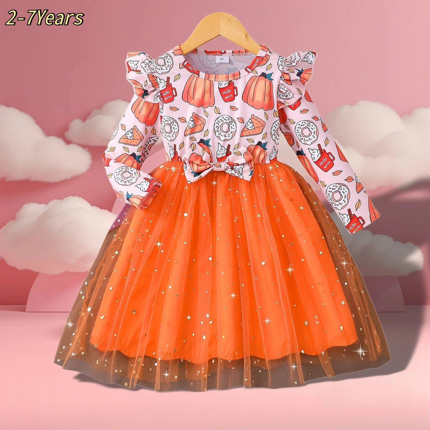 Halloween Girl Costume Children Dress Party Horror Mesh Theme Long Sleeve Orange Pumpkin Baby Girl Set 2-7 Yrs Good Vibrations