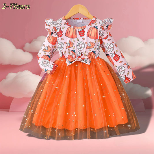 Halloween Girl Costume Children Dress Party Horror Mesh Theme Long Sleeve Orange Pumpkin Baby Girl Set 2-7 Yrs Good Vibrations