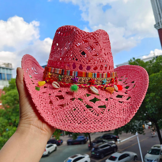 hats straw cowgirl western hat  mexican hat  retro curling hat western cowboy hat outdoor riding hat travel sports hat Good Vibrations