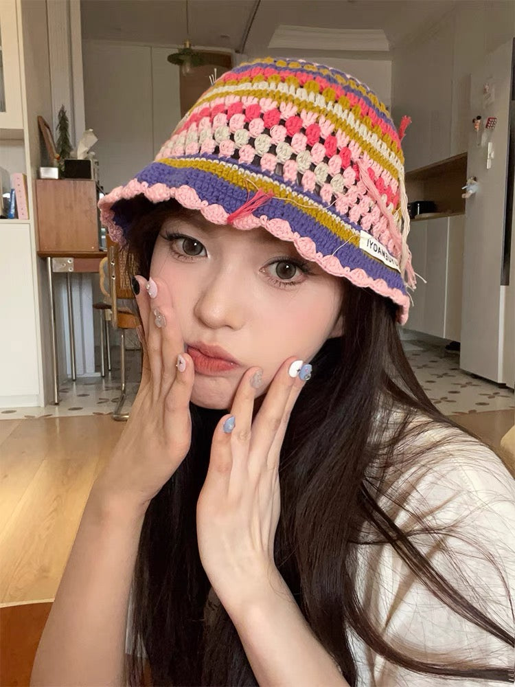 2024 Spring New Crochet Hat Korean Handmade Bucket Hat Women's Weaving Knitted Hat Y2k Fashion Flowers Autumn Winter Ins Beanies Good Vibrations