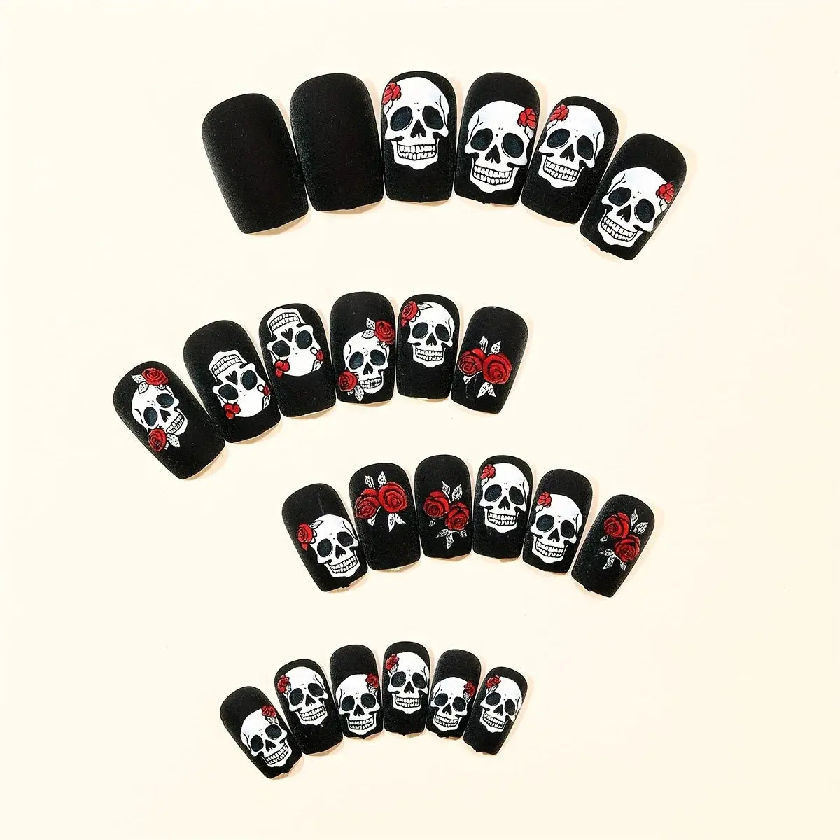24pcs Halloween Nails Black Matte Rose Skull Print Design Full Coverage Press False Nails, for Women's Party Nail Art Decoration Good Vibrations