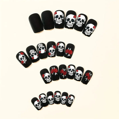 24pcs Halloween Nails Black Matte Rose Skull Print Design Full Coverage Press False Nails, for Women's Party Nail Art Decoration Good Vibrations