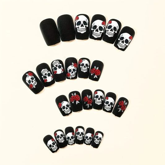 24pcs Halloween Nails Black Matte Rose Skull Print Design Full Coverage Press False Nails, for Women's Party Nail Art Decoration Good Vibrations