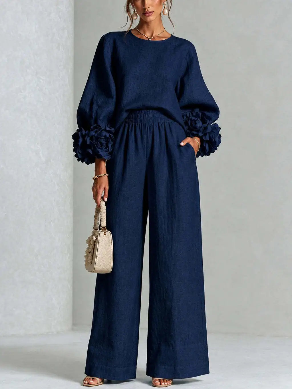 Women 2 Piece Outfit O Neck Puff Long Sleeve Top 3D Floral + Elastic Waist Wide Leg Pants Set Autumn Elegant Casual Office Suit Good Vibrations