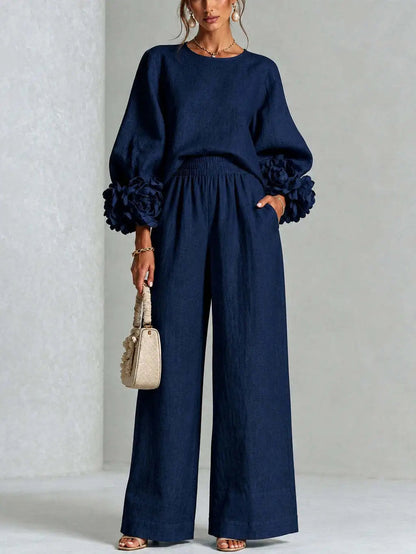 Women 2 Piece Outfit O Neck Puff Long Sleeve Top 3D Floral + Elastic Waist Wide Leg Pants Set Autumn Elegant Casual Office Suit Good Vibrations