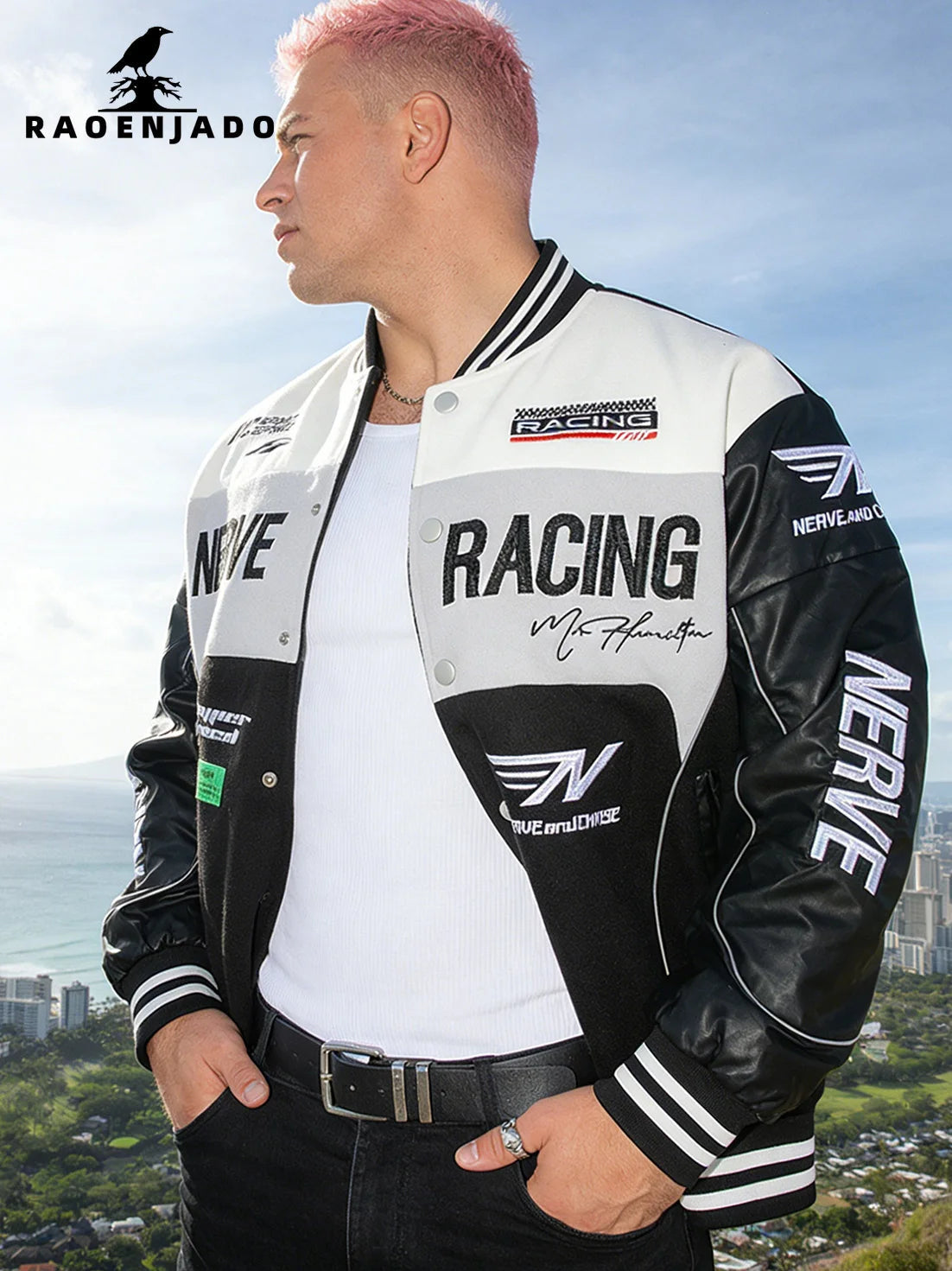 Men's Motorcycle Jacket Faux Leather Sleeves Bomber Coat Plus-size Varsity Jacket Letterman Spring/Autumn Loose Baseball Clothes Good Vibrations