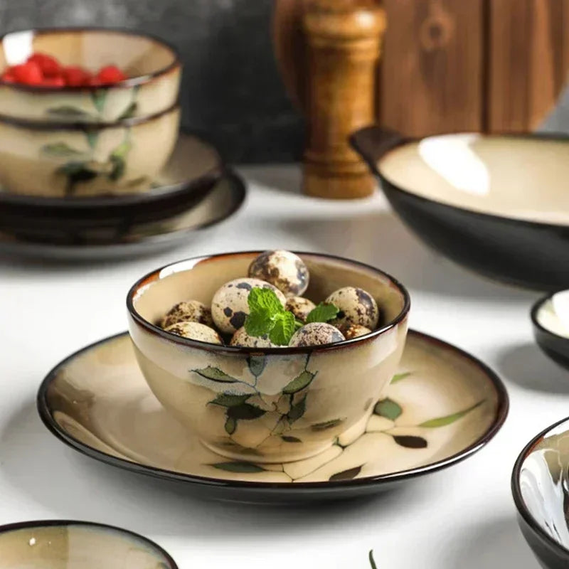 Creative Leaf Round Dinner Plate Retro Home Ramen Bowl Luxury Restaurant Delicious Dishes Ceramic Plates Exquisite Tableware Good Vibrations