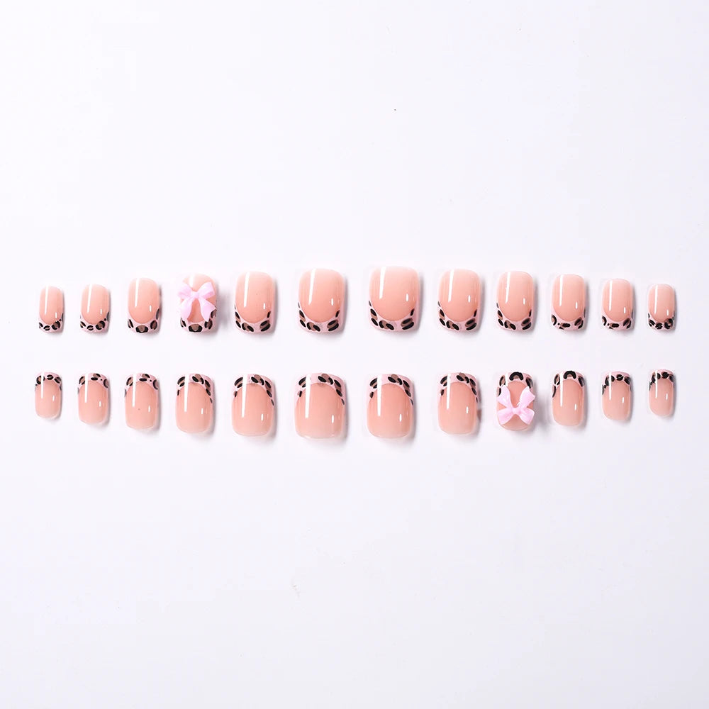 24Pcs Pink Leopard Print French Tips False Nails Short Square Head 3D Black Bowknot Fake Nails Acrylic Full Cover Press on Nails Good Vibrations