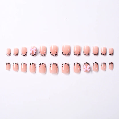 24Pcs Pink Leopard Print French Tips False Nails Short Square Head 3D Black Bowknot Fake Nails Acrylic Full Cover Press on Nails Good Vibrations