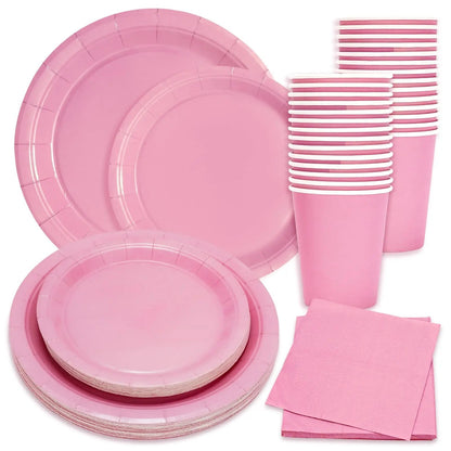 Solid Color Party Set Light Pink Tableware Paper Cup Paper Plate Tablecloth Wedding Birthday Bride Party Supplies Decorations Good Vibrations