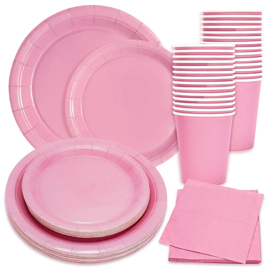 Solid Color Party Set Light Pink Tableware Paper Cup Paper Plate Tablecloth Wedding Birthday Bride Party Supplies Decorations Good Vibrations