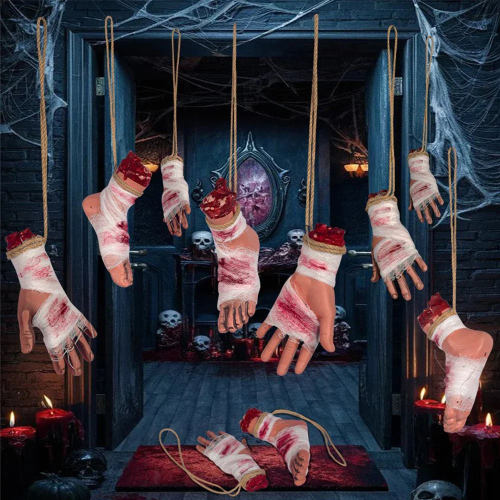 Bloody hanging severed hands Halloween party decorations with creepy horror theme