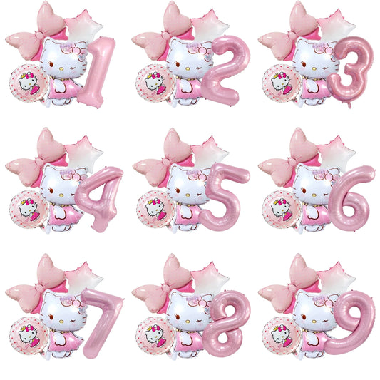 5pcs Hello Kitty Themed Birthday Party Decoration Supplies Kawaii KT Cat 32 Inch Number Foil Balloon Kit Baby Shower Girls Gift Good Vibrations