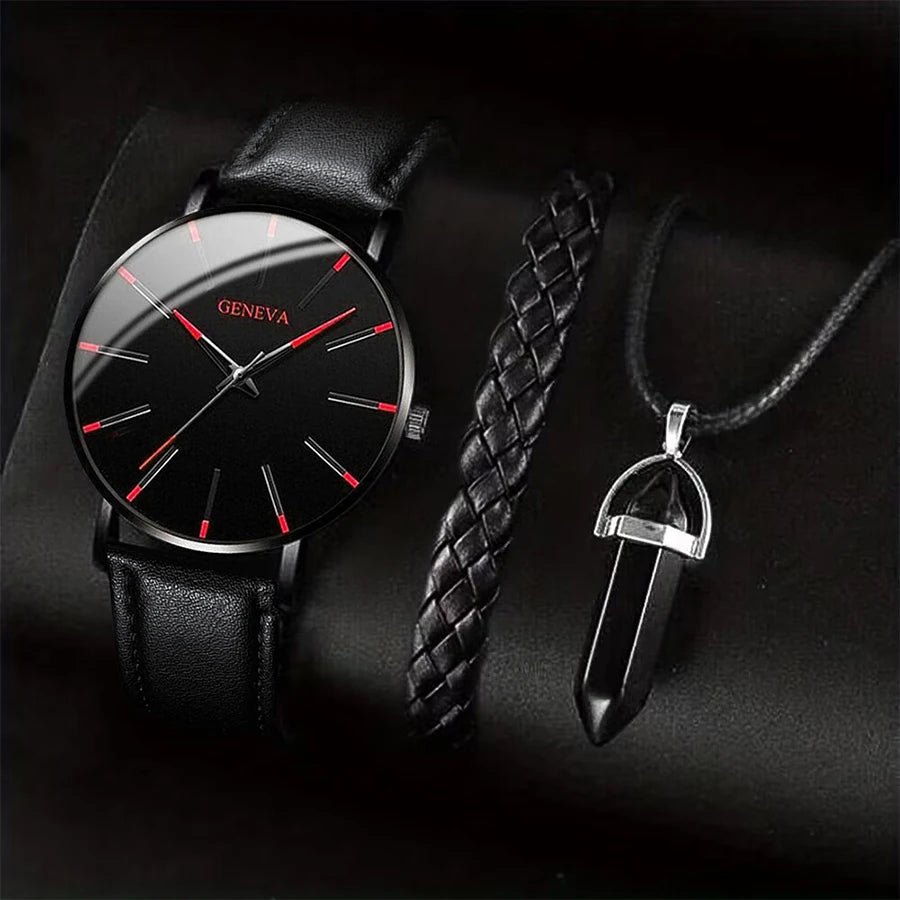 3PCS/Set Men Business Watches Casual Leather Band Analog Male's Quartz Watch Necklace Bracelet Set Good Vibrations