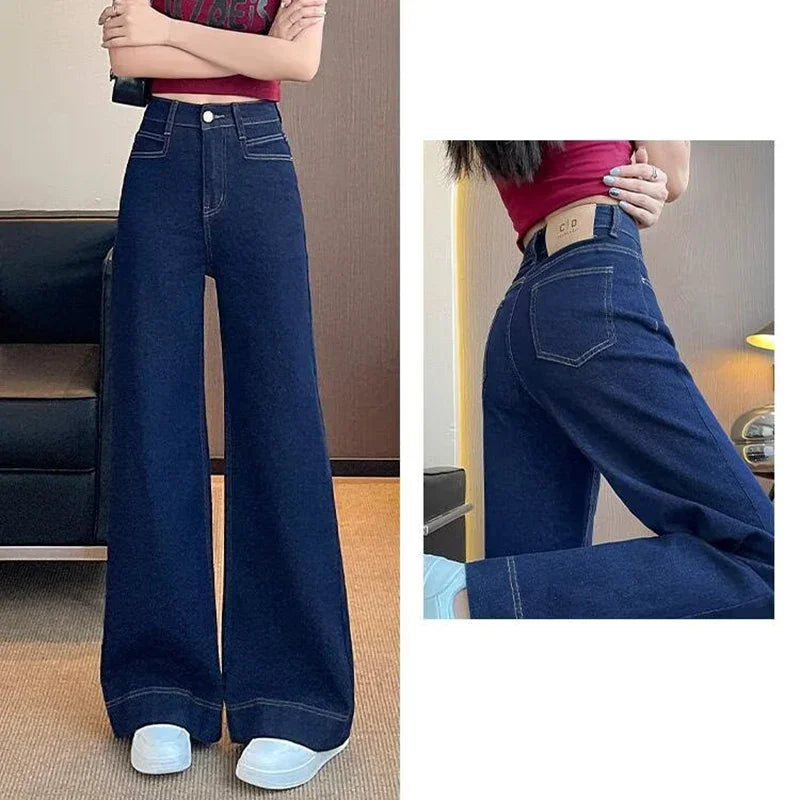 Girls Fashion Korean Straight Casual Jeans Female Baggy High Waist Wide Leg Denim Pants Women Classic Wash Dark-blue Trousers Good Vibrations