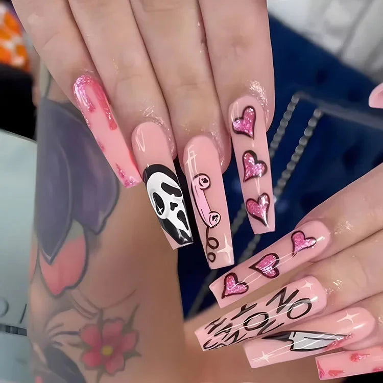 24pcs Halloween Nails Glitter Pink Sequin Fake Nail Patch Scary Skull Love Heart Pattern Artificial Nails Full Cover Wearable Good Vibrations