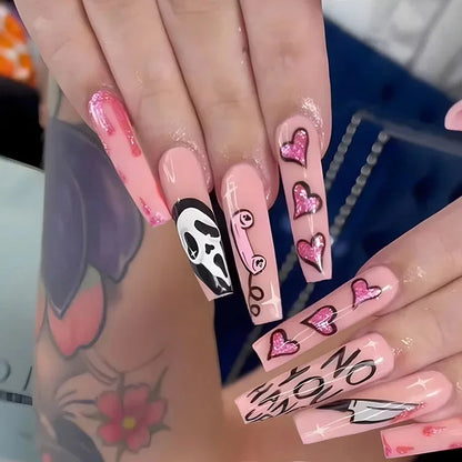 24pcs Halloween Nails Glitter Pink Sequin Fake Nail Patch Scary Skull Love Heart Pattern Artificial Nails Full Cover Wearable Good Vibrations