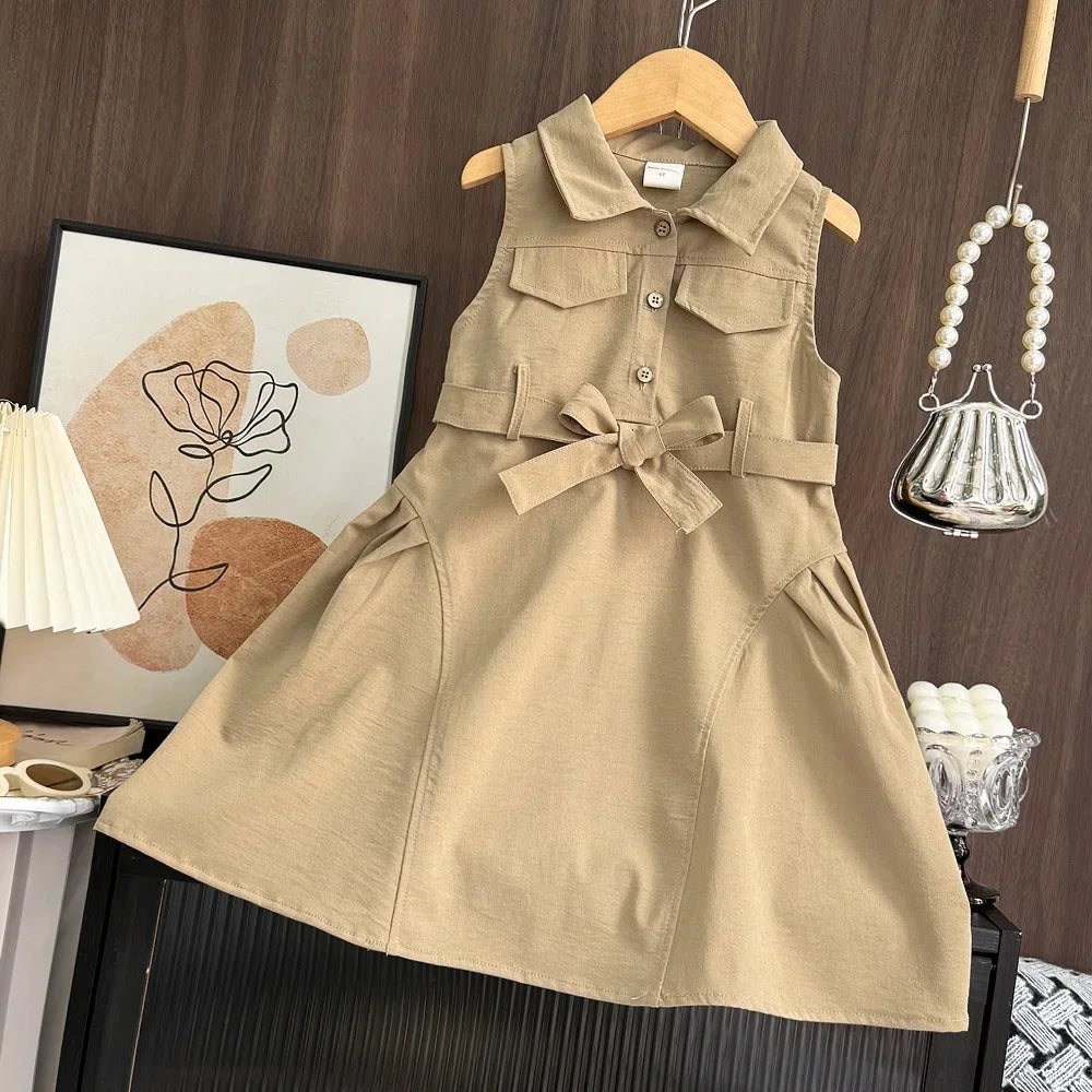 Korean Version Khaki Girls Casual Dresses Sleeveless Flip Collar Workwear Kids Dress Summer New Solid Color Children's Clothing Good Vibrations