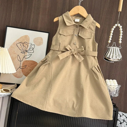 Korean Version Khaki Girls Casual Dresses Sleeveless Flip Collar Workwear Kids Dress Summer New Solid Color Children's Clothing Good Vibrations
