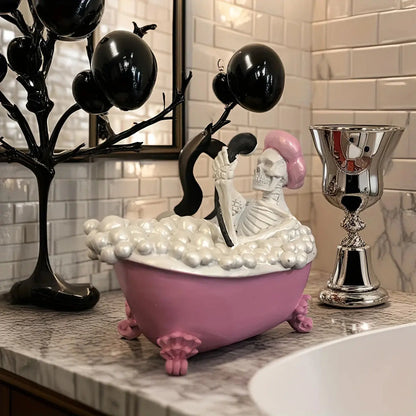 Pink Bathtub Ghost Decor - Cute Gothic Skeleton Resin Figurine, Spooky Halloween Ornament for Bathroom Good Vibrations