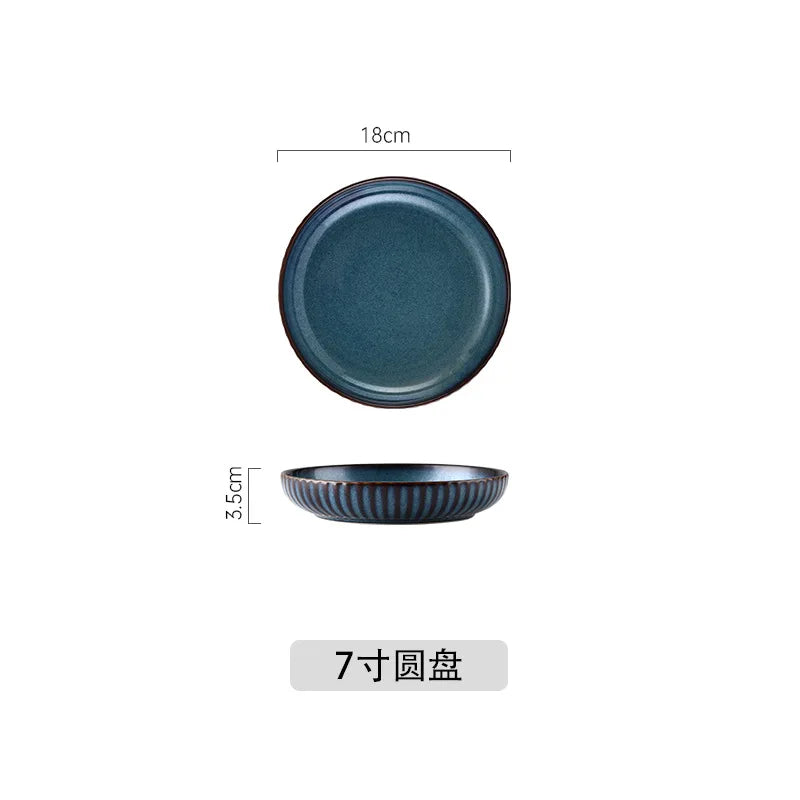 Blue Kiln Glazed Ceramic Plates, Microwaveable Dinner Plates, Round Rice Salad Bowls, Household Tableware Good Vibrations