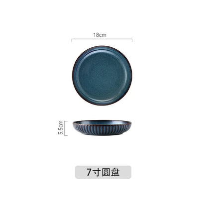 Blue Kiln Glazed Ceramic Plates, Microwaveable Dinner Plates, Round Rice Salad Bowls, Household Tableware Good Vibrations