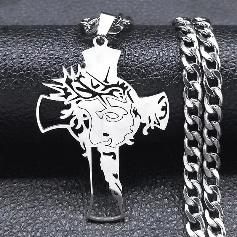 Hip Hop Punk Crown of Thorns Jesus Cross Necklace for Men Stainless Steel Gold Plated Crucifix Pendant Necklaces Jewelry N8052 Good Vibrations