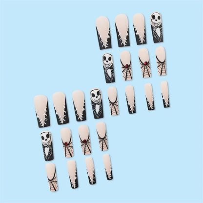 24pcs Halloween Press on Nails with Skull Black Spider Wed Design French Fake Nail Patch Full Cover Wearable False Nail Tips Good Vibrations