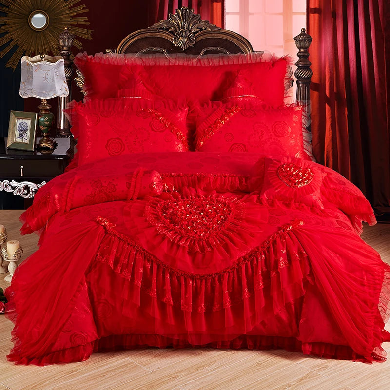 Luxury Wedding Bedding Sets Queen King Size Pink Princess Lace Bedcover Set Jacquard Duvet Cover Bed Sheet Pillowcases Good Vibrations