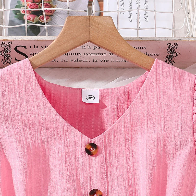 Kids Dresses for Girls 8-12 Years Pink Small Flying Sleeves V-Neck Dress 2024 New Summer Teenager Sweet Casual Daily Dress Good Vibrations