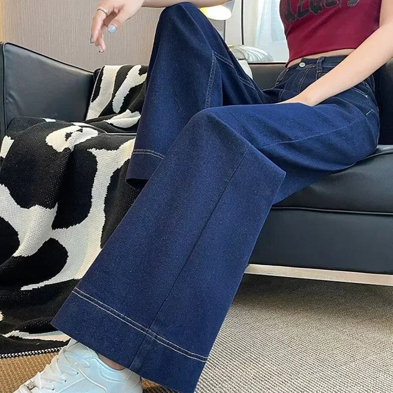 Girls Fashion Korean Straight Casual Jeans Female Baggy High Waist Wide Leg Denim Pants Women Classic Wash Dark-blue Trousers Good Vibrations