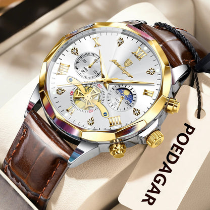 POEDAGAR Military Luxury Men Wristwatch Quartz Waterproof Luminous Chronograph Leather Man Watch Sports Men's Watches Male Reloj Good Vibrations