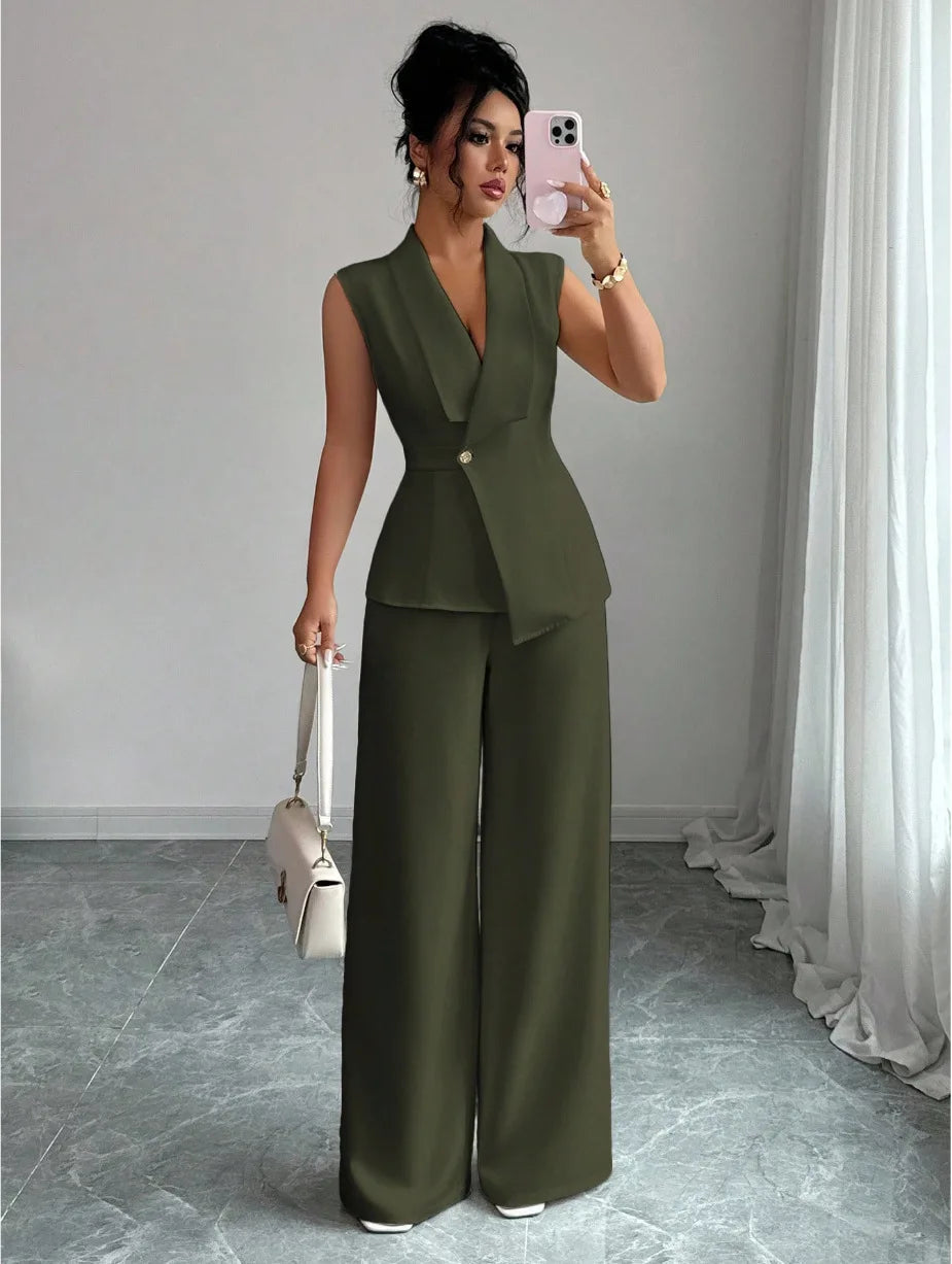 Women's Elegant 2 Piece Outfit Sleeveless V-Neck Single Button Blazer Vest and Wide Leg Pants Set Business Office Workwear Sui Good Vibrations