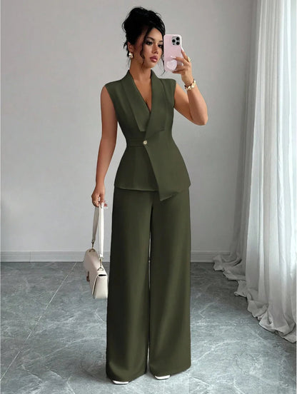 Women's Elegant 2 Piece Outfit Sleeveless V-Neck Single Button Blazer Vest and Wide Leg Pants Set Business Office Workwear Sui Good Vibrations