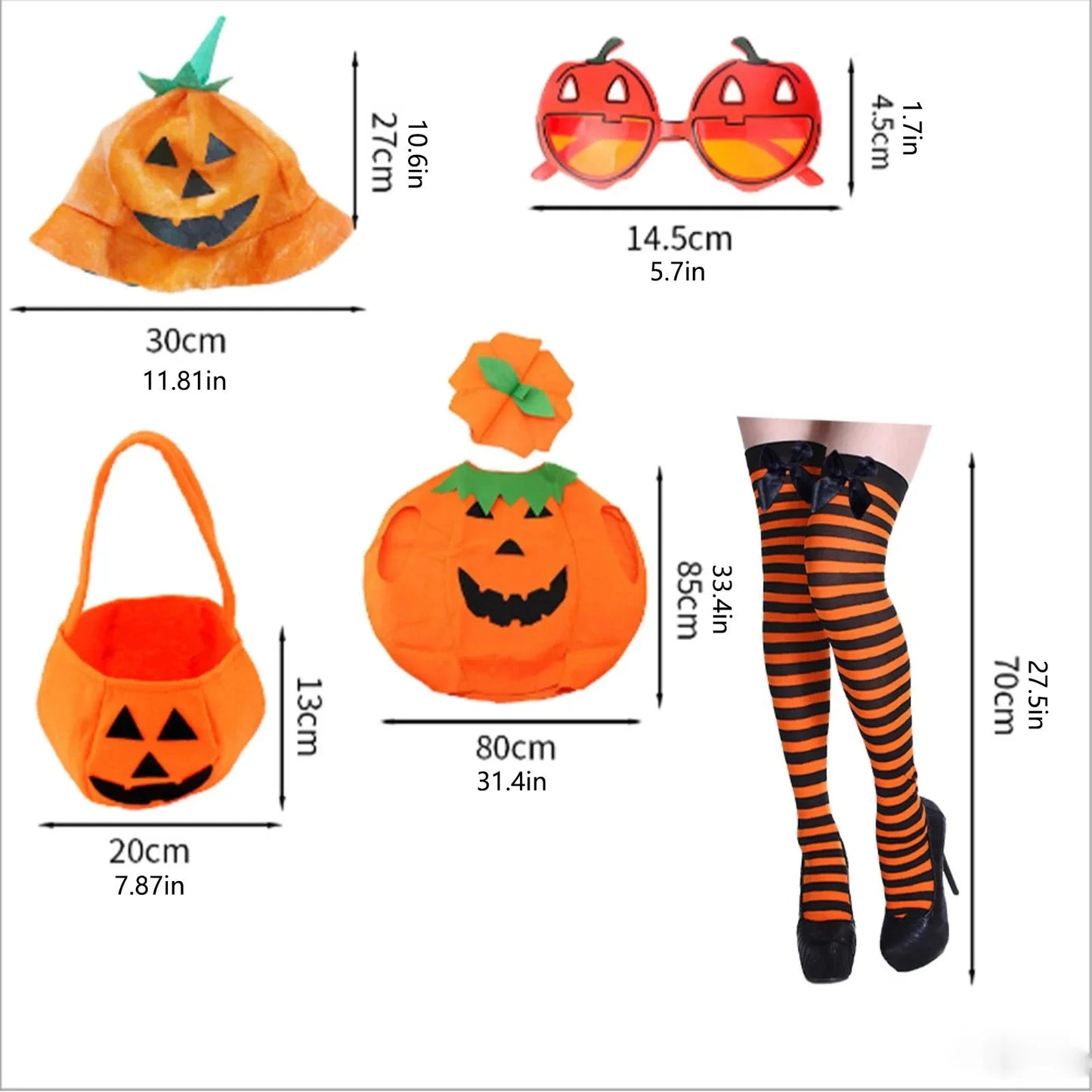 Halloween Adult Pumpkin Costume Set - Pumpkin Clothes Headband Pumpkin Tote Bag Glasses and Long-leg Socks Party Supplies Good Vibrations