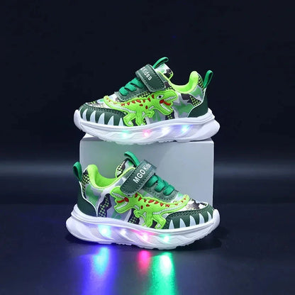 Spring New Children's Sports Shoes Cartoon Dinosaur Children's LED Light Shoes Soft Sole Boys' Causal Sneakers 2-6 Years Old Good Vibrations
