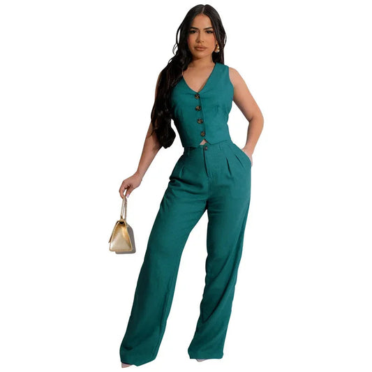 Fashion Elegant Two Piece Set for Women Workwear Office Lady Sleeveless Vest Single-breasted Top + Wide Leg Pants Business Suit Good Vibrations