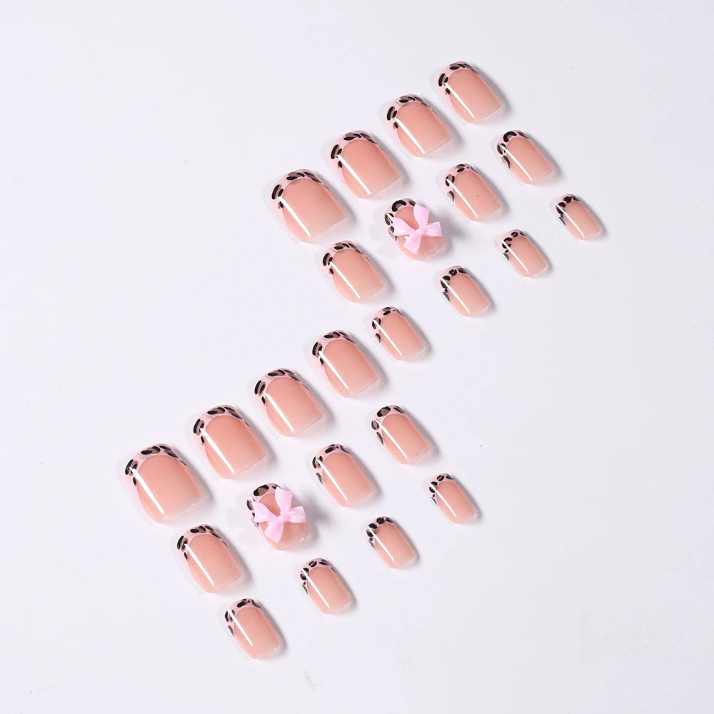 24Pcs Pink Leopard Print French Tips False Nails Short Square Head 3D Black Bowknot Fake Nails Acrylic Full Cover Press on Nails Good Vibrations